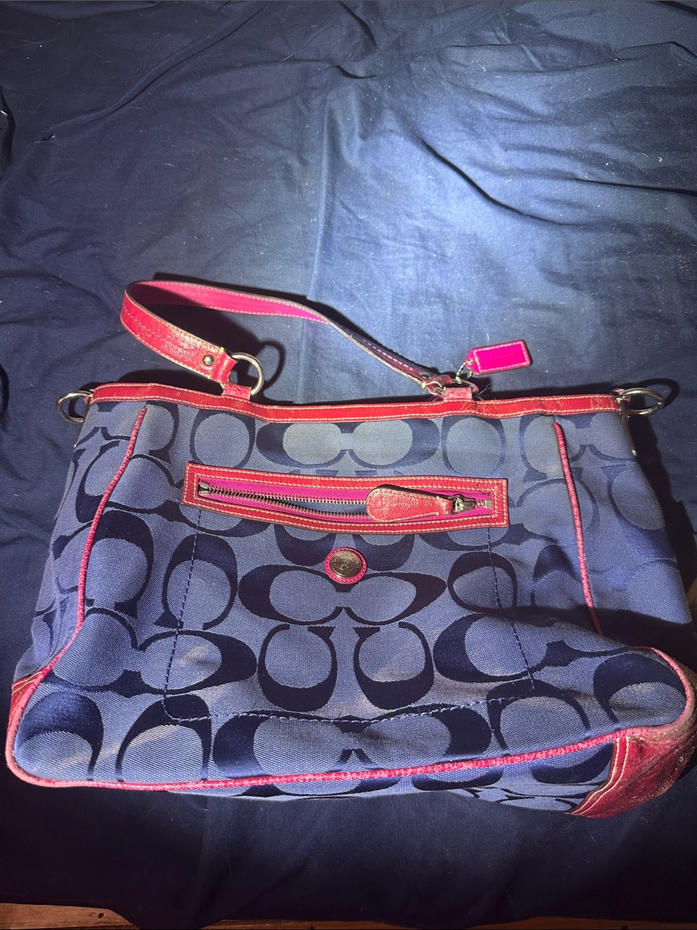 Coach Navy Signature Shoulder Bag with Pink Trim